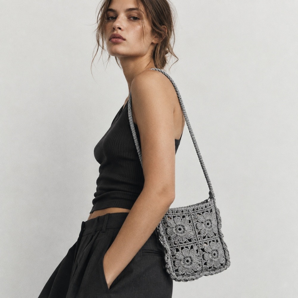 NWT Zara Mini Crossbody Purse Gray Floral Crochet Bohemian Cottagecore Artisan